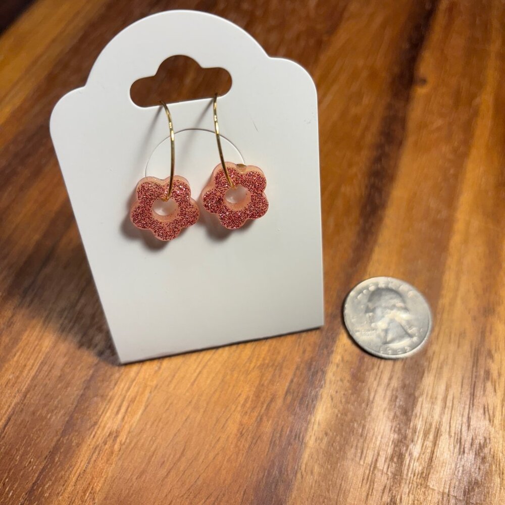 Rose Glitter Flower Earrings On Hoops